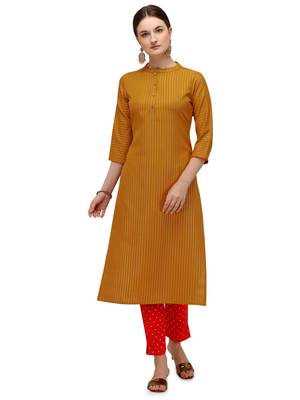 Fiorra Mustard Printed Cotton Blend Straight Kurta with Pant 1