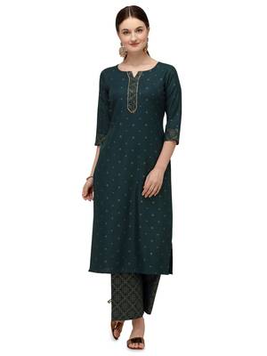 Fiorra Green Printed Cotton Blend Straight Kurta With Palazzo Set 1