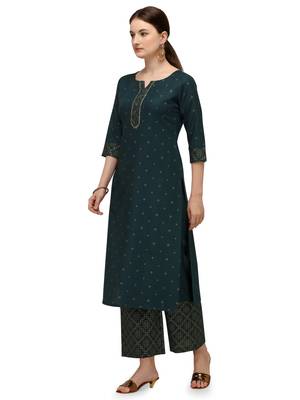 Fiorra Green Printed Cotton Blend Straight Kurta With Palazzo Set 3