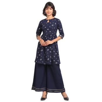 Fiorra Navy Blue Printed Poly Crepe Short Kurta With Palazzo Set 1