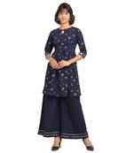Fiorra Navy Blue Printed Poly Crepe Short Kurta With Palazzo Set