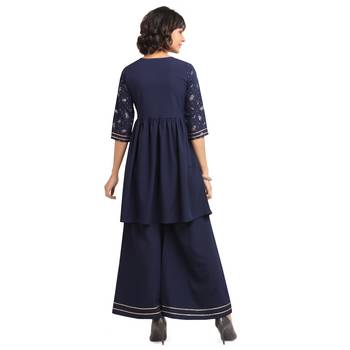 Fiorra Navy Blue Printed Poly Crepe Short Kurta With Palazzo Set 2