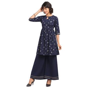 Fiorra Navy Blue Printed Poly Crepe Short Kurta With Palazzo Set 3