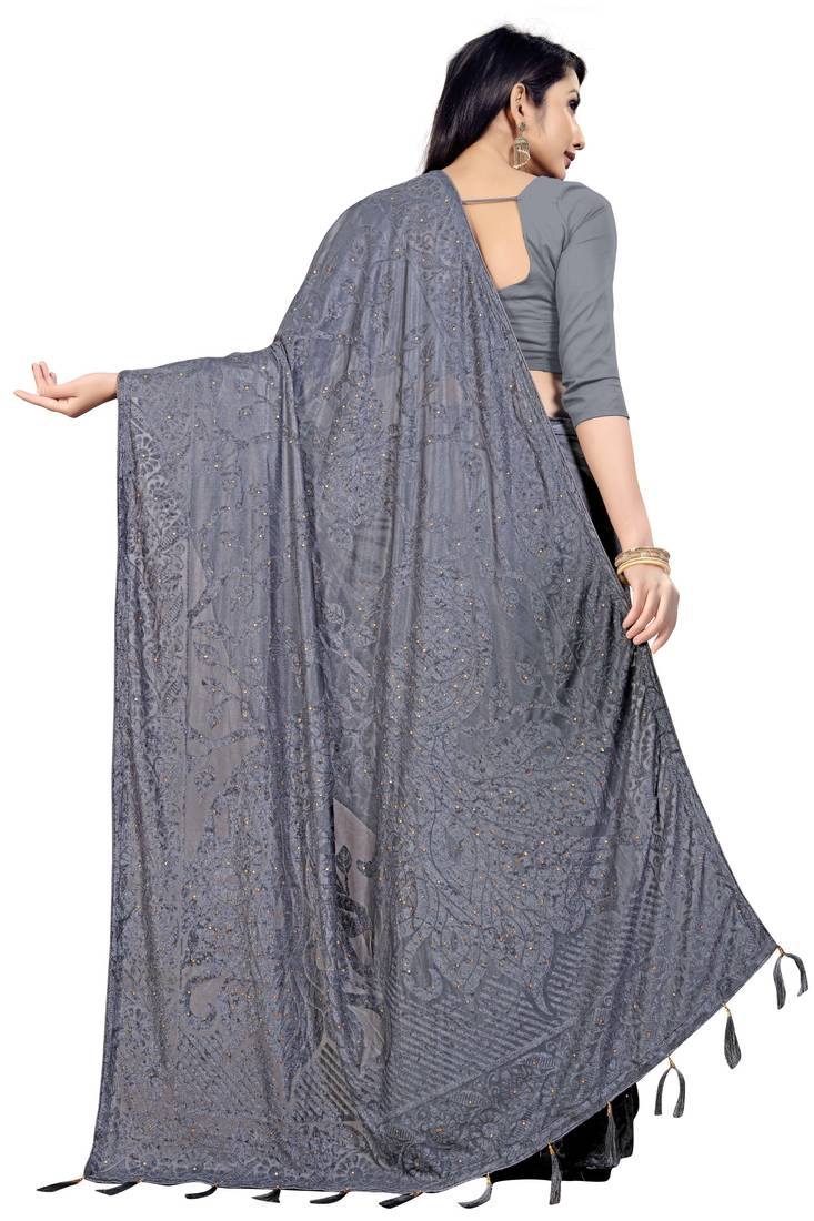 Grey Stone Work With Piping Border Terry Jacquard Saree With Blouse Piece