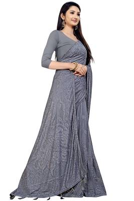 Grey Stone Work With Piping Border Terry Jacquard Saree With Blouse Piece 3