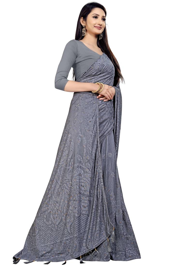 Grey Stone Work With Piping Border Terry Jacquard Saree With Blouse Piece