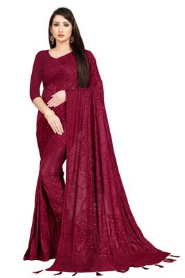 Red Stone Work With Piping Border Terry Jacquard Saree With Blouse Piece 1