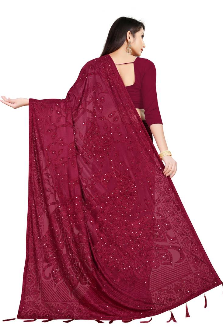Red Stone Work With Piping Border Terry Jacquard Saree With Blouse Piece