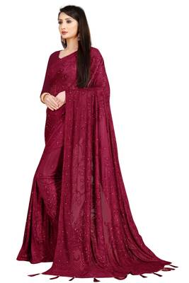 Red Stone Work With Piping Border Terry Jacquard Saree With Blouse Piece 3