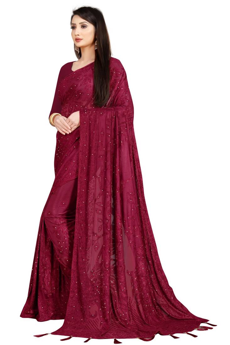 Red Stone Work With Piping Border Terry Jacquard Saree With Blouse Piece