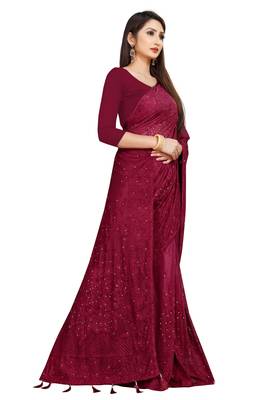 Red Stone Work With Piping Border Terry Jacquard Saree With Blouse Piece 4