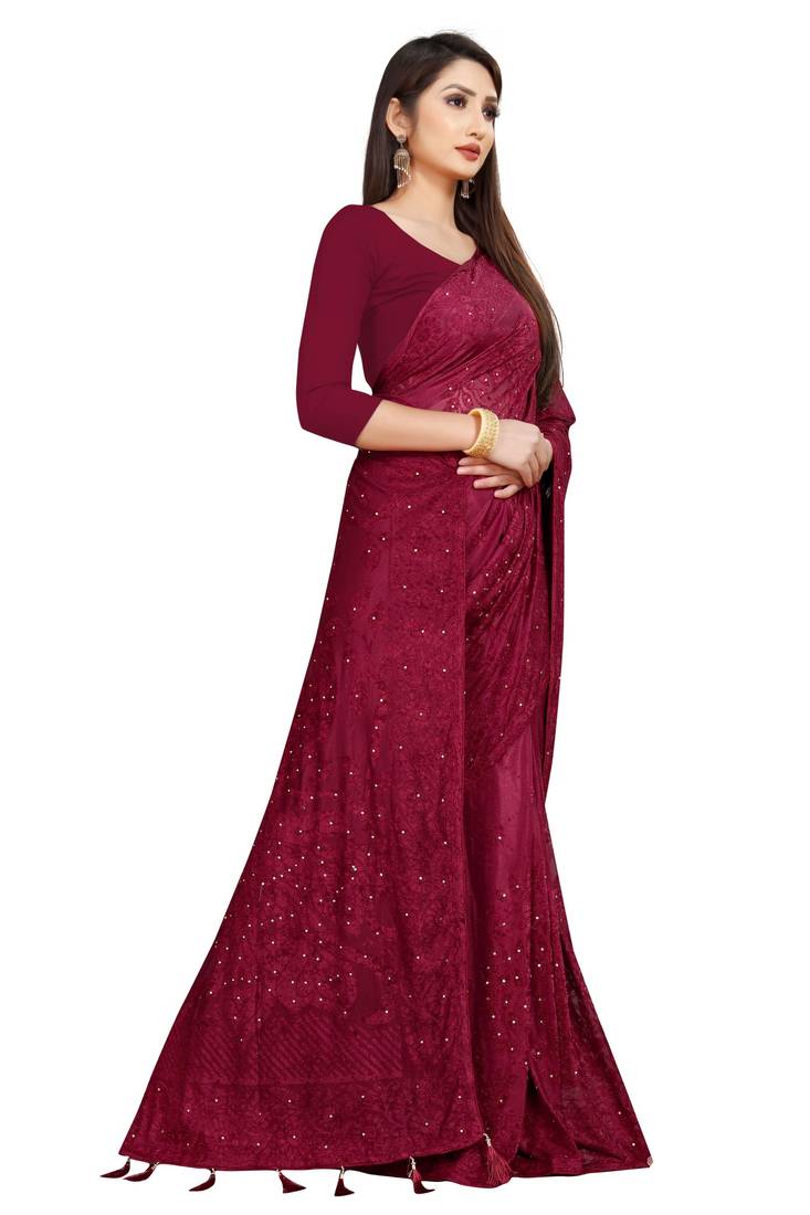 Red Stone Work With Piping Border Terry Jacquard Saree With Blouse Piece