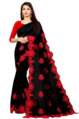 Black Embroidery And Stone Work C Pallu Net Saree With Blouse Piece 1