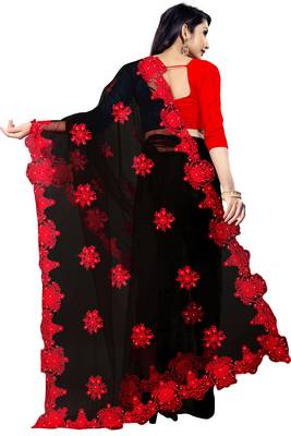 Black Embroidery And Stone Work C Pallu Net Saree With Blouse Piece 2