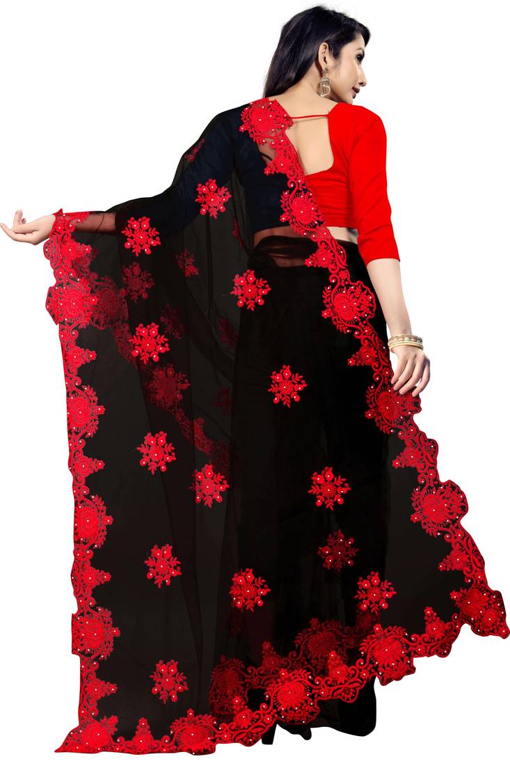 Black Embroidery And Stone Work C Pallu Net Saree With Blouse Piece