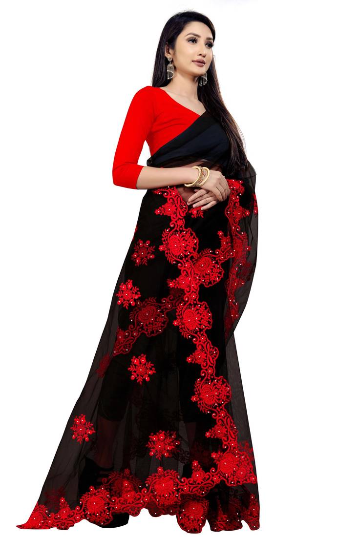 Black Embroidery And Stone Work C Pallu Net Saree With Blouse Piece