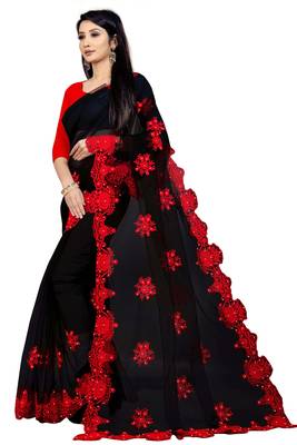 Black Embroidery And Stone Work C Pallu Net Saree With Blouse Piece 4
