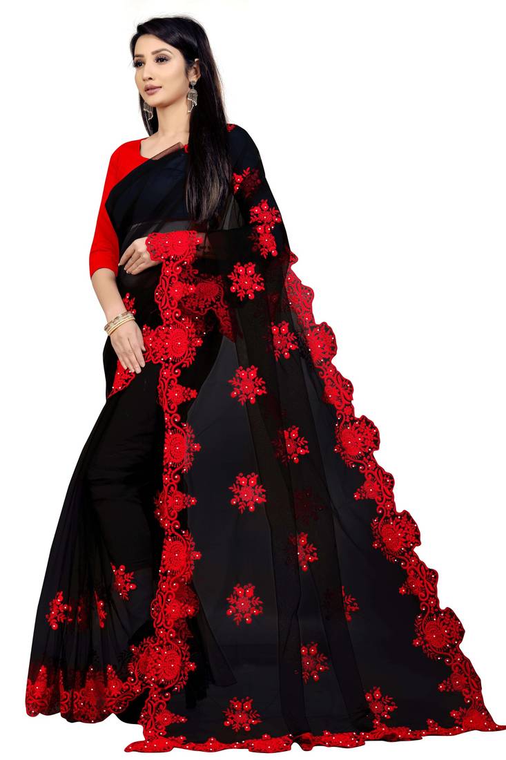 Black Embroidery And Stone Work C Pallu Net Saree With Blouse Piece