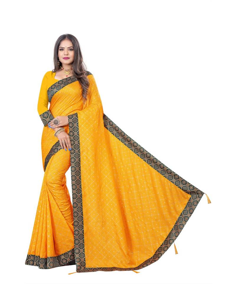Yellow Foil Printed Jacquard Lace Border Dola Silk Saree With Blouse Piece