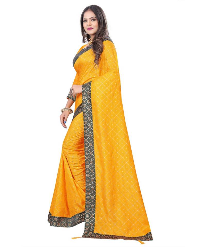 Yellow Foil Printed Jacquard Lace Border Dola Silk Saree With Blouse Piece