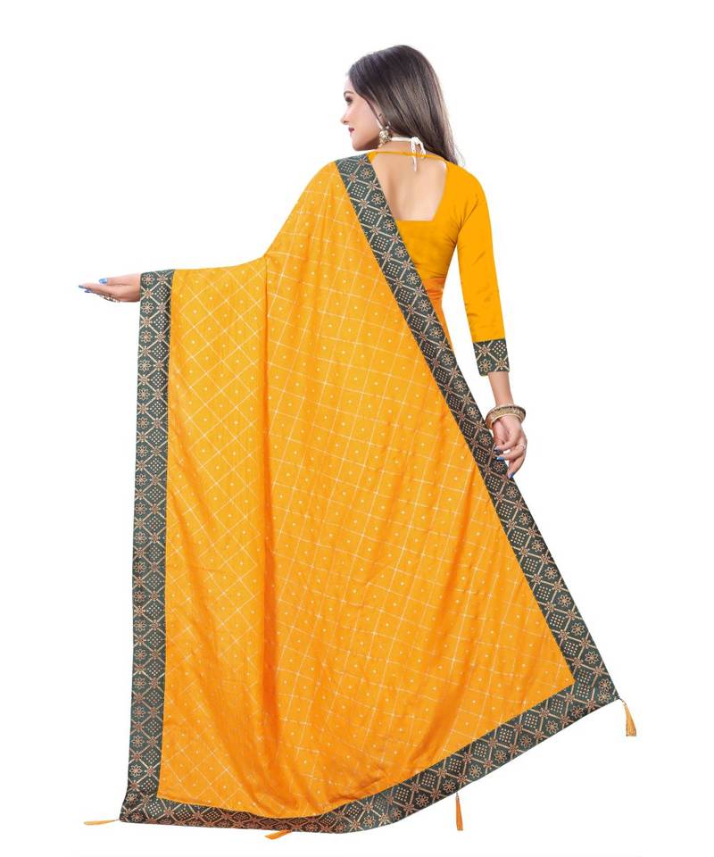 Yellow Foil Printed Jacquard Lace Border Dola Silk Saree With Blouse Piece