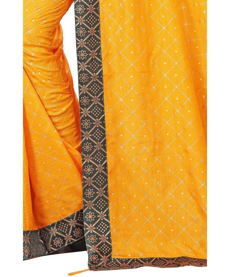 Yellow Foil Printed Jacquard Lace Border Dola Silk Saree With Blouse Piece