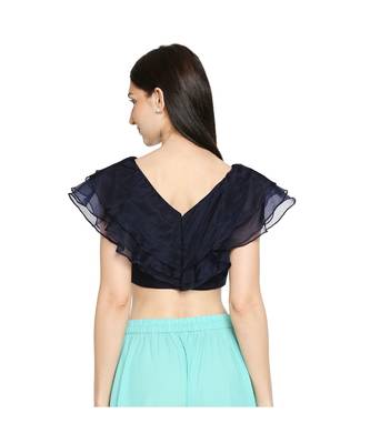 Women's Navy Blue organza Readymade Saree Blouse 2