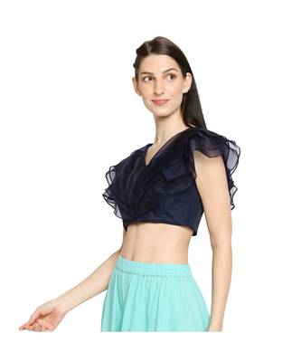 Women's Navy Blue organza Readymade Saree Blouse 3