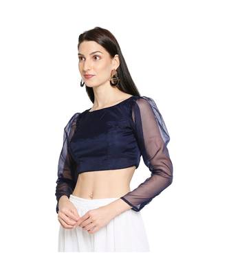 Women's Navy Blue organza Readymade Saree Blouse 3