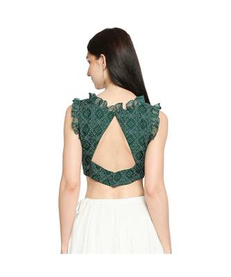 Women's Bottle Green organza Bandhani Readymade Saree Blouse 2