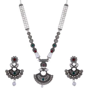 Silver Shine Attractive Traditional  Silver Oxidised Designer Necklace Jewellery Set For Girls Women 2