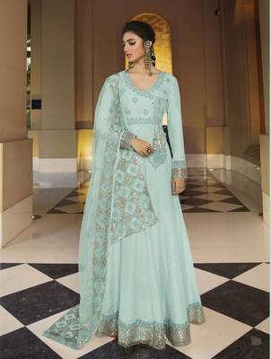 Aqua-blue embroidered silk salwar 1