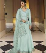 Aqua-blue embroidered silk salwar