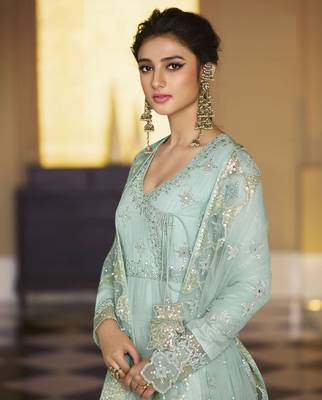 Aqua-blue embroidered silk salwar 2