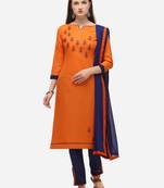 Orange & Navy Blue Cotton Slub Embroidered Dress Material