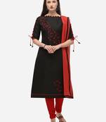 Black & Red Cotton Slub Embroidered Dress Material