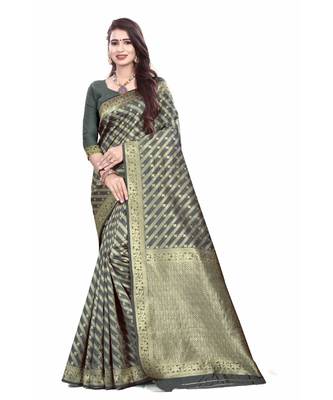 Grey Silk with gold jari jal and border with reach brocade pallu 1