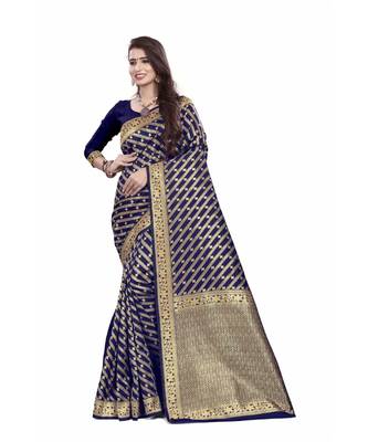 Navy Blue Silk with gold jari jal and border with reach brocade pallu 1