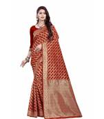 Red Silk with gold jari jal and border with reach brocade pallu