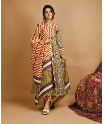 Orange kalamkari cotton   Top and  Bottom  with Dupatta 1