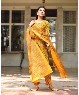 KAAJH Yellow Floral Printed Cotton Suit Set 3
