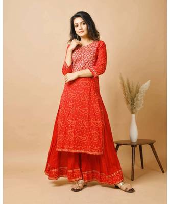 KAAJH Red Bandhej Cotton Suit Set 1
