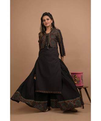 KAAJH Black Embellished Jacket Kurta Sharara Set 1