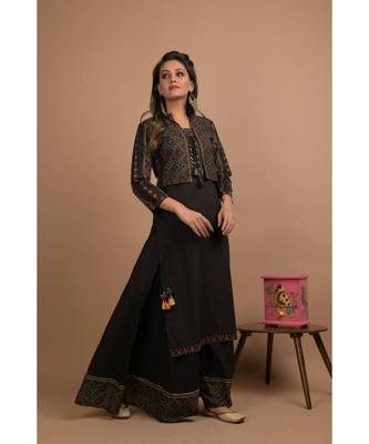 KAAJH Black Embellished Jacket Kurta Sharara Set 3