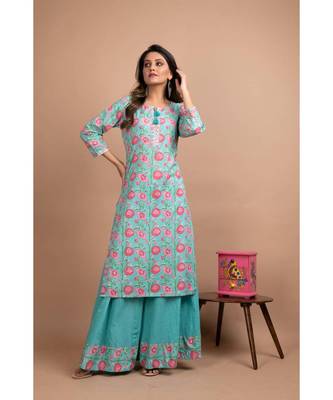 KAAJH Turquoise Printed Cotton Kurta Sharara Set 1