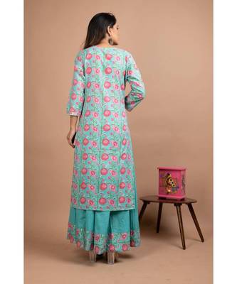 KAAJH Turquoise Printed Cotton Kurta Sharara Set 2