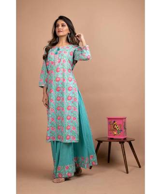 KAAJH Turquoise Printed Cotton Kurta Sharara Set 3