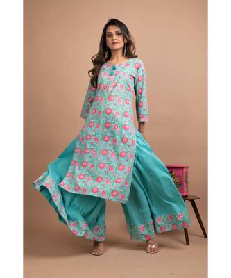 KAAJH Turquoise Printed Cotton Kurta Sharara Set 4