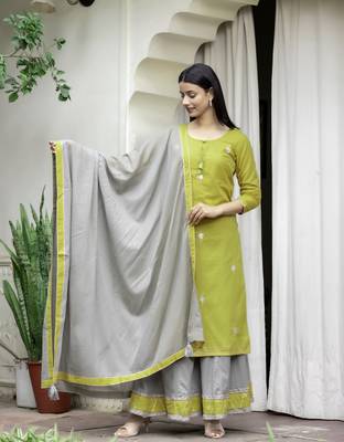 Olive printed cotton   Kurta    Sharara    Dupatta 1