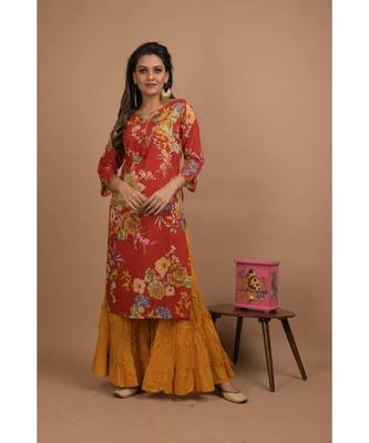 KAAJH Red Printed Cotton Kurta Sharara Set 1